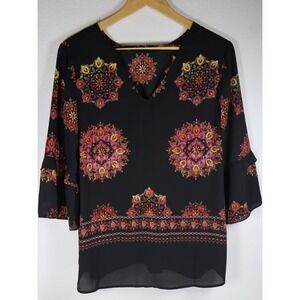 DR2 Black Floral Print Blouse Top MANDALA Bell Sleeves Bohemian Style  Flowy Med